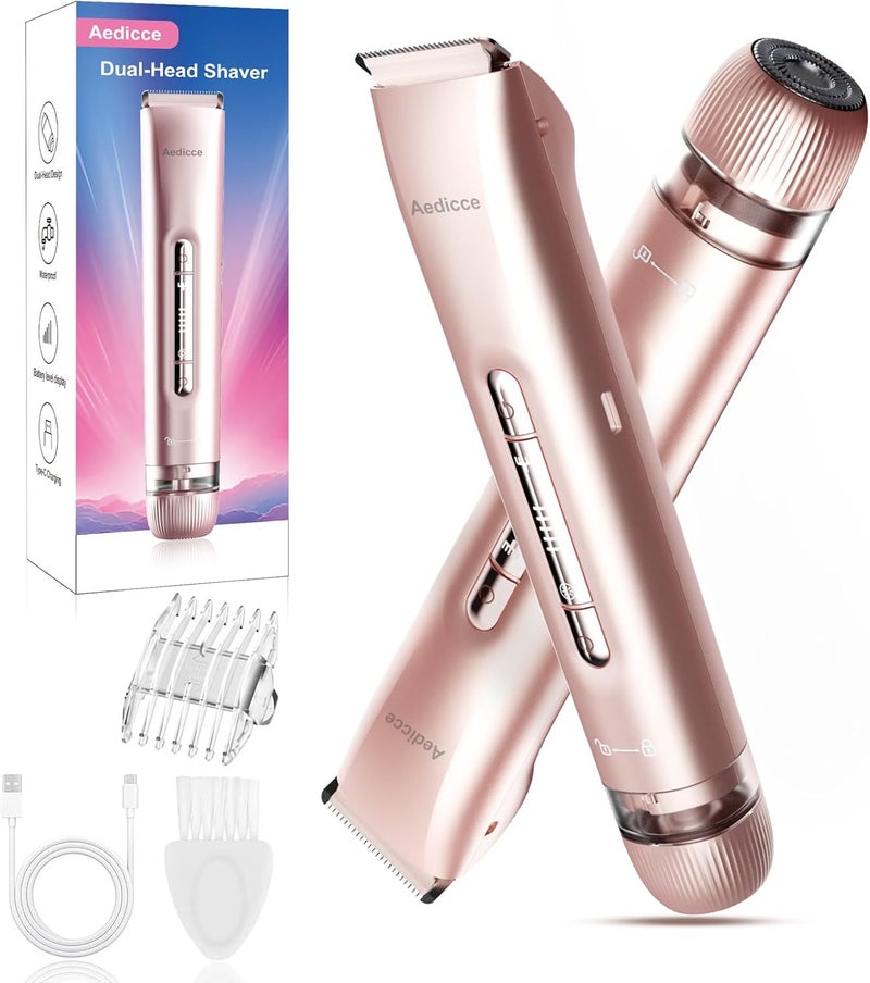 Aedicce Bikini Trimmer for Women 2 in 1, Dual Head Womens Electric Shaver, Electric Razors for Pubic Hair, IPX7 Waterproof Rechargeable Facial Hair Removal for Shaving Underarm Leg Arm Body Face, Rose Gold - Image 1